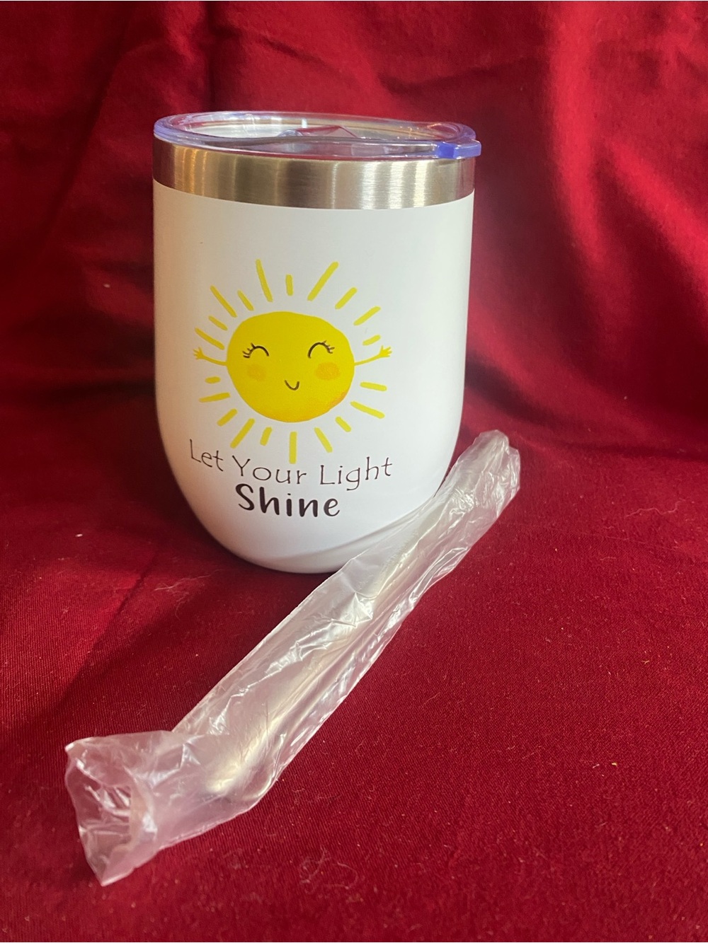 White Stainless Tumbler with Sunny "Let Your Light Shine" Graphic